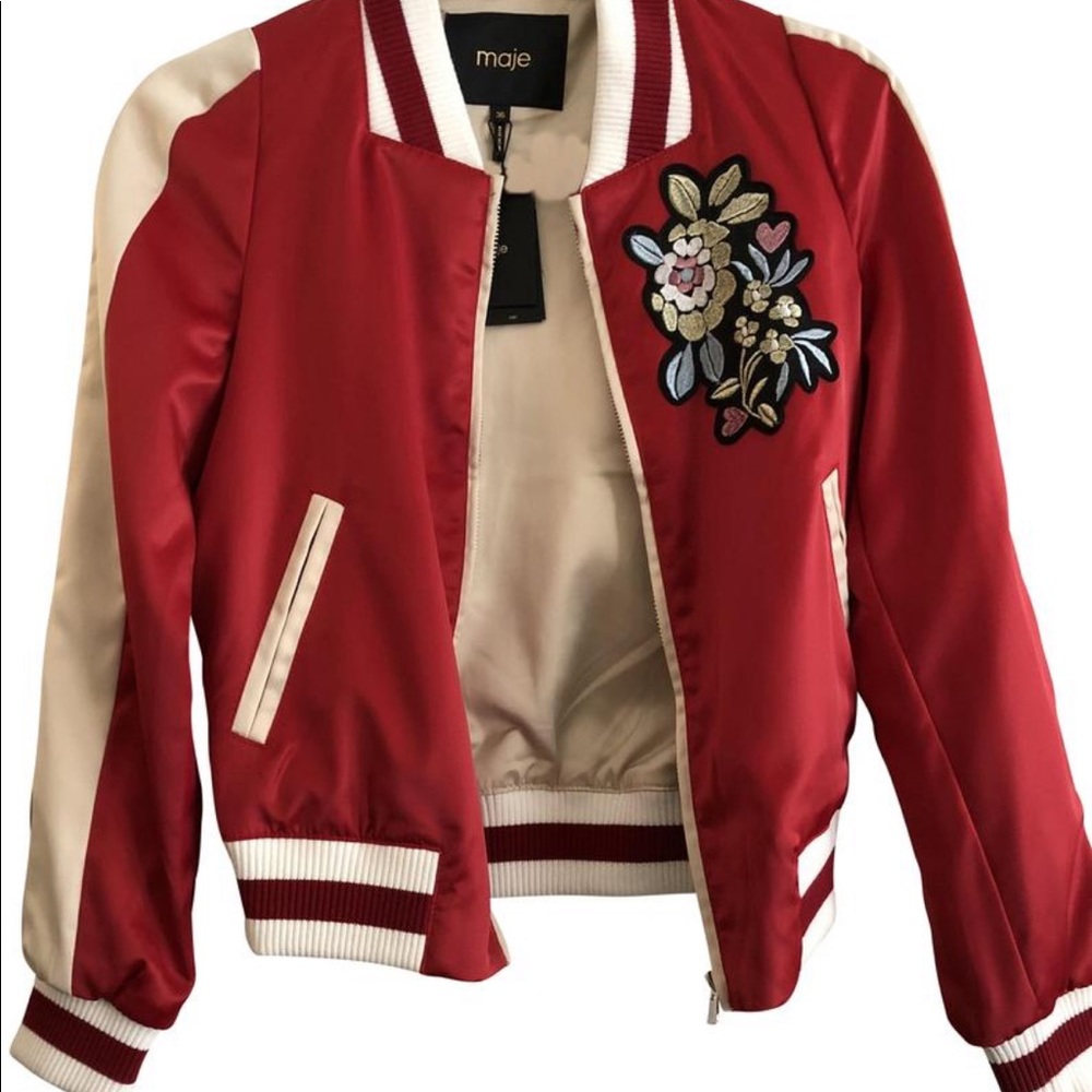 Maje Red and Cream Floral Appliqué Bomber Jacket